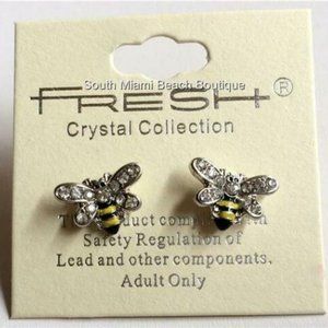 Silver Tone Enamel Bumble Bee Earrings Post Stud Pierced Crystal Yellow Black